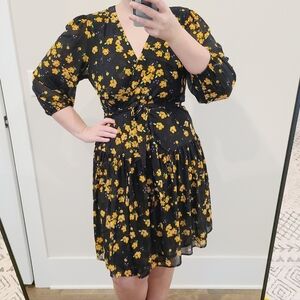 Cabi Black Floral Mesh Stretch Wrap Dress Size Small